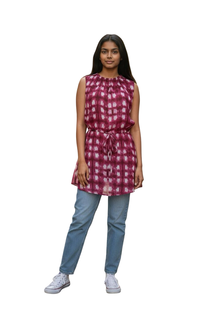 Bella Dahl Womens Mini Blouson Dress Sleeveless Pink Tie Dye Print Drawstring M